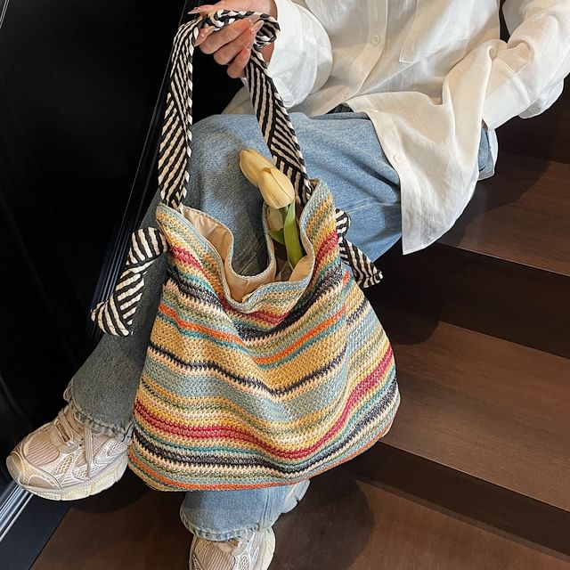 KOCORE-Striped Straw Shoulder Bag