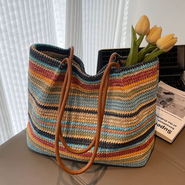 KOCORE-Striped Straw Tote Bag