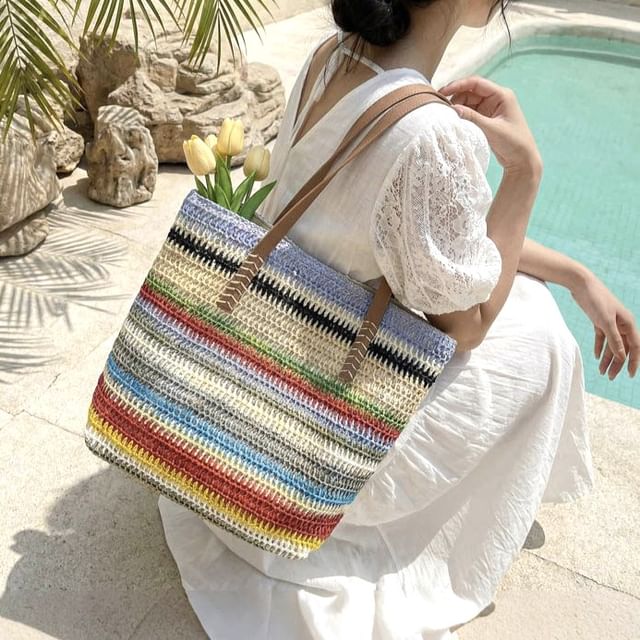 KOCORE-Striped Straw Woven Tote