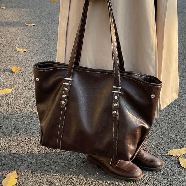 KOCORE-Studded Faux Leather Tote Bag