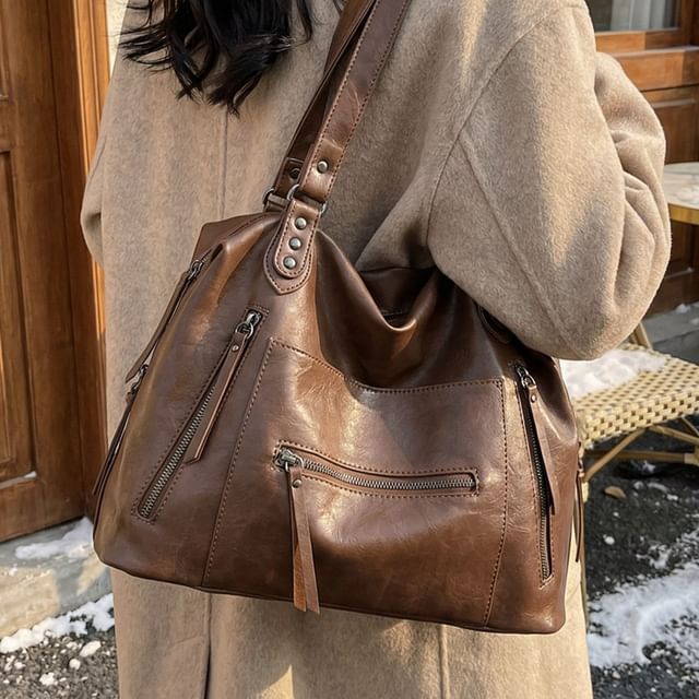 KOCORE-Studded Zip Panel Tote Bag