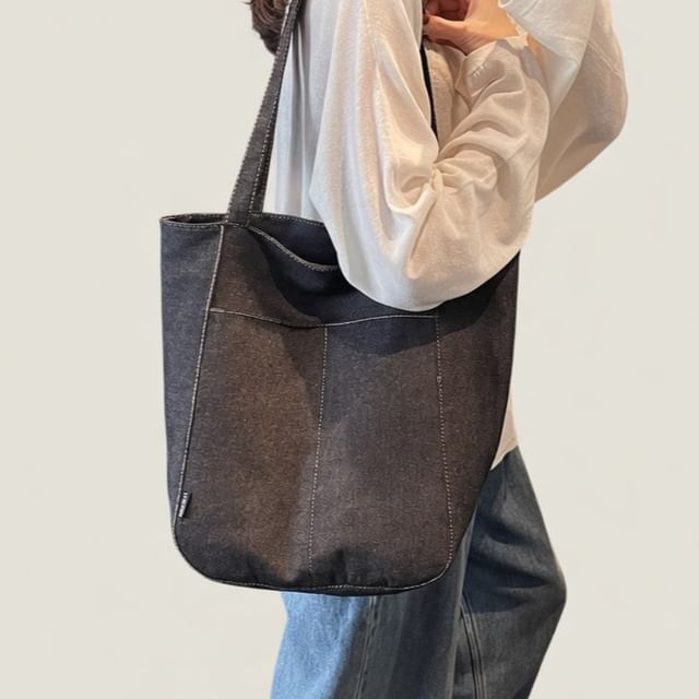 KOCORE-Unwashed Panel Denim Tote Bag