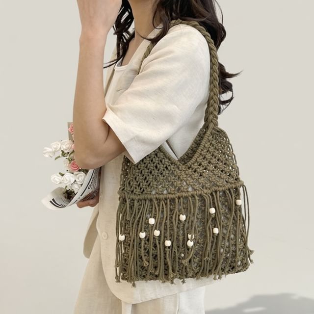 KOCORE-Woven Tasseled Beaded Tote Bag