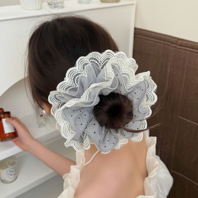 Koi Kawaii-Dotted Lace Trim Mesh Scrunchie