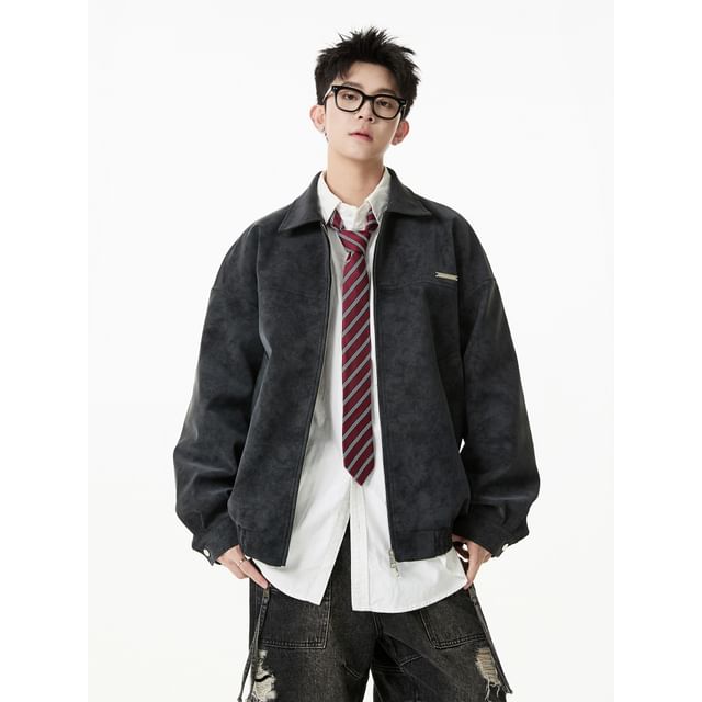 Koiyua-Collared Tie Dye Faux Leather Zip Jacket