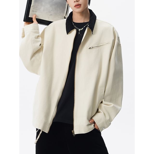 Koiyua-Contrast Collar Zip Barn Jacket