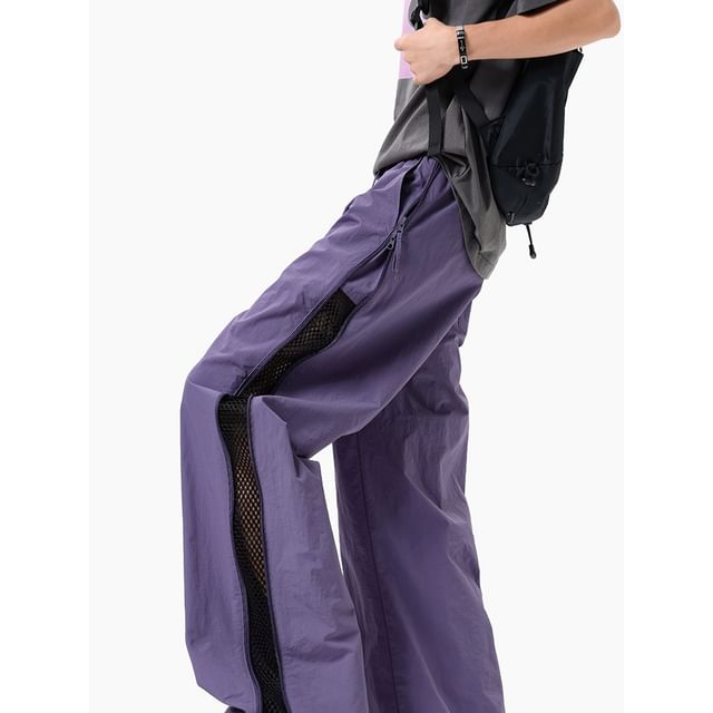 Koiyua-Drawstring Waist Panel Mesh Wide Leg Pants