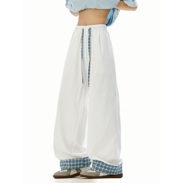 Koiyua-Drawstring Waist Plaid Panel Wide Leg Pants
