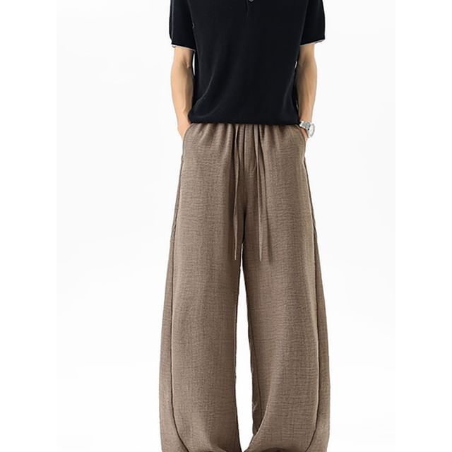 Koiyua-Drawstring Waist Plain Baggy Pants