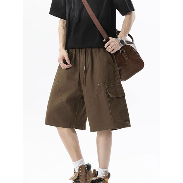 Koiyua-Drawstring Waist Plain Cargo Shorts