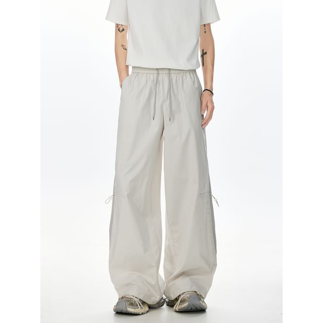 Koiyua-Drawstring Waist Plain Mesh Panel Wide Leg Cargo Pants