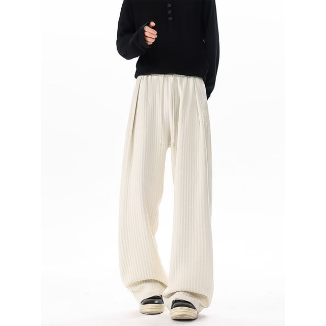 Koiyua-Drawstring Waist Plain Textured Wide Leg Pants