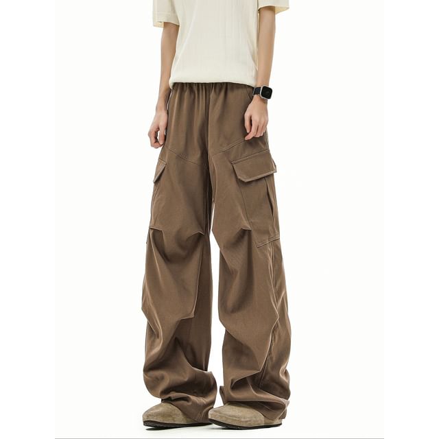 Koiyua-Drawstring Waist Plain Wide Leg Cargo Pants