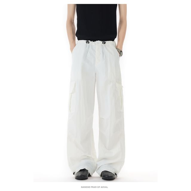 Koiyua-Drawstring Waist Plain Wide Leg Cargo Pants