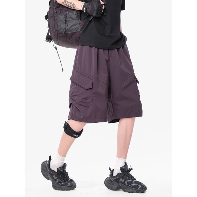 Koiyua-Drawstring Waist Plain Wide Leg Cargo Shorts