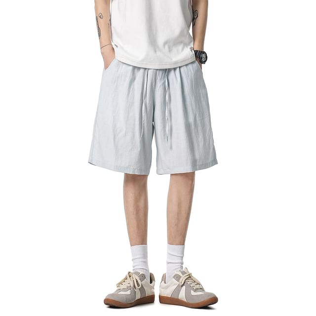 Koiyua-Drawstring Waist Plain Wide Leg Shorts