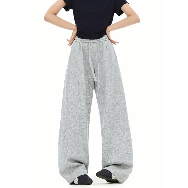 Koiyua-Drawstring Waist Plain Wide Leg Sweatpants