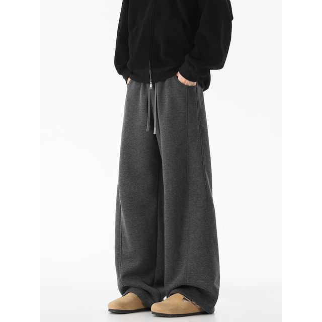 Koiyua-Drawstring Waist Plain Wide Leg Sweatpants