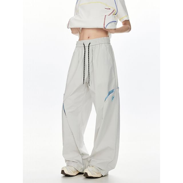 Koiyua-Drawstring Waist Two Tone Mesh Panel Wide Leg Pants