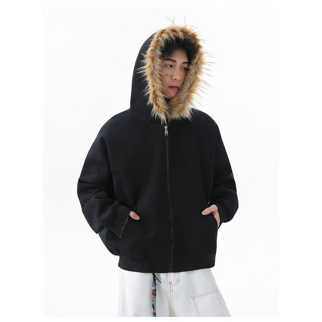Koiyua-Fluffy Trim Hooded Zip Jacket