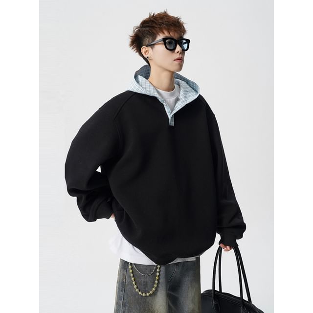 Koiyua-Henley Plaid Panel Hoodie