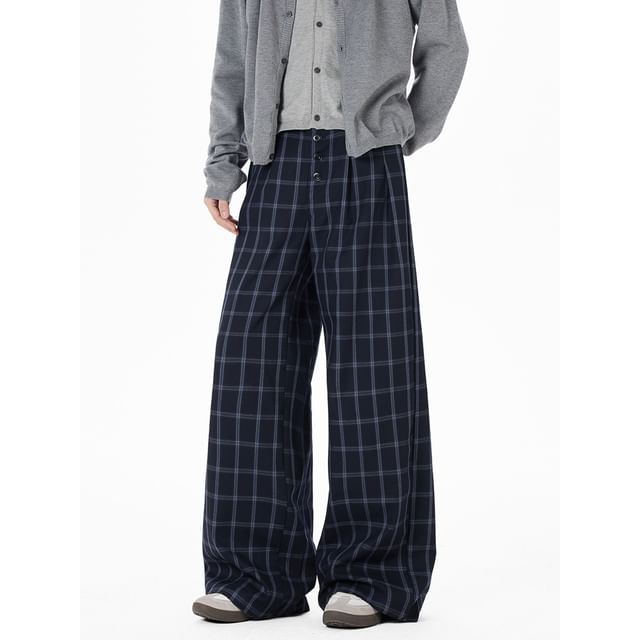 Koiyua-Mid Rise Plaid Button Fly Wide Leg Pants