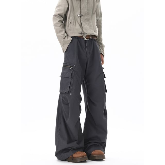 Koiyua-Mid Rise Plain Baggy Cargo Pants