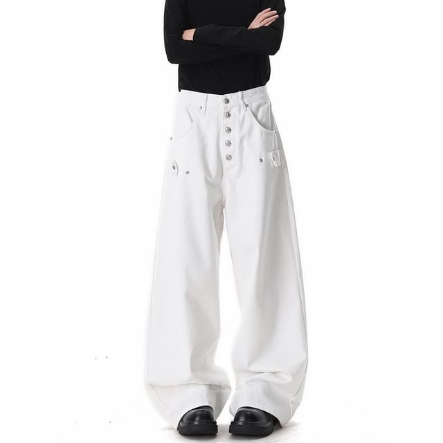 Koiyua-Mid Rise Plain Button Fly Wide Leg Jeans
