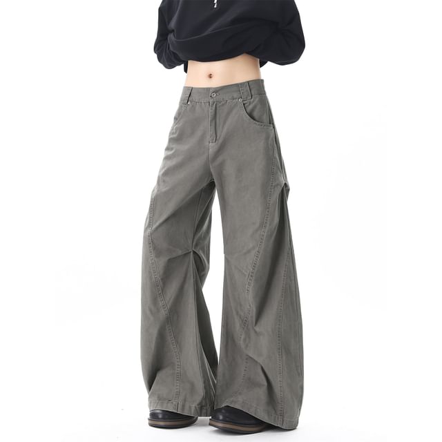 Koiyua-Mid Rise Plain Panel Baggy Pants