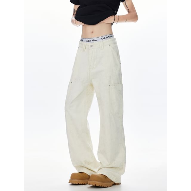 Koiyua-Mid Rise Plain Wide Leg Cargo Pants