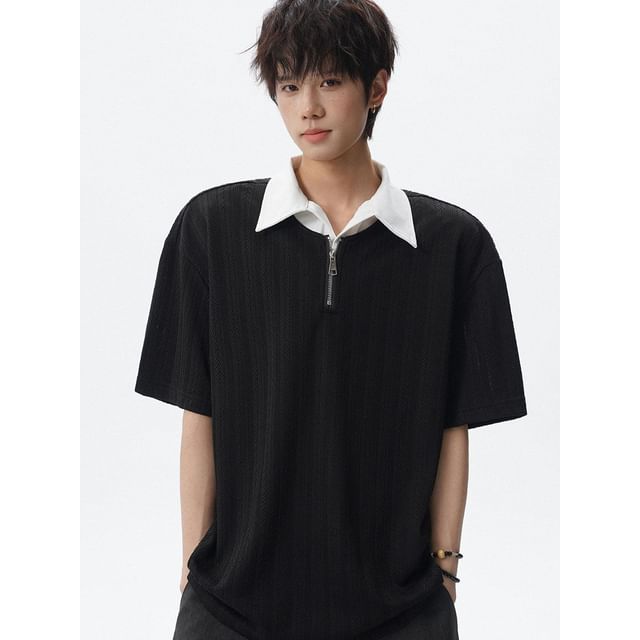 Koiyua-Short Sleeve Collared Mock Two Piece Half Zip Top