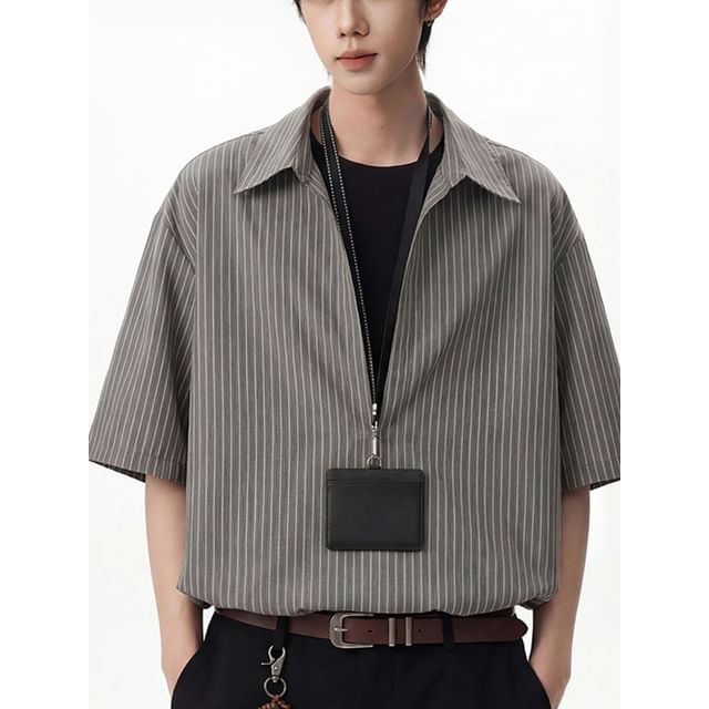 Koiyua-Short Sleeve Collared Striped Mock Two Piece Top