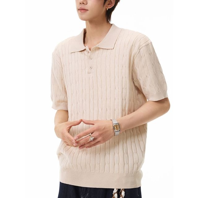 Koiyua-Short Sleeve Plain Cable Knit Polo Top