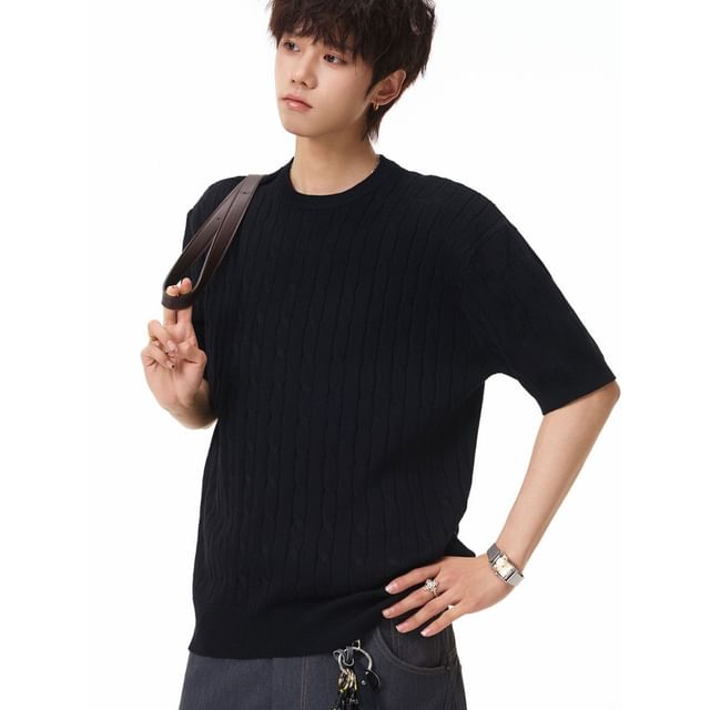 Koiyua-Short Sleeve Round Neck Plain Cable Knit Top