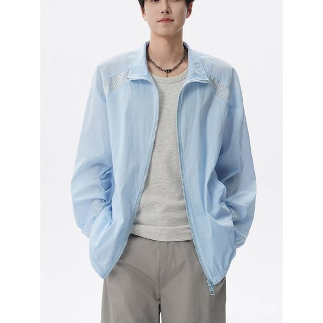 Koiyua-Stand Collar Plain Panel Mesh Zip Windbreaker