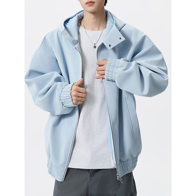 Koiyua-Stand Collar Plain Zip Hoodie