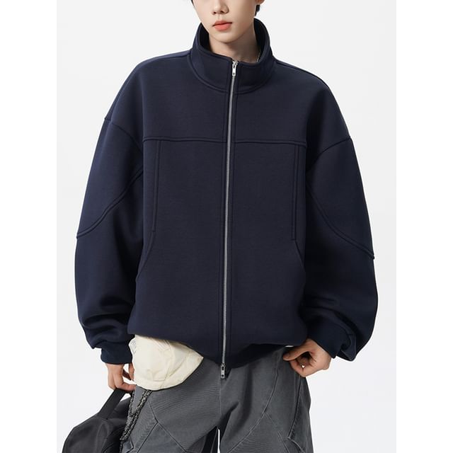 Koiyua-Stand Collar Plain Zip Jacket