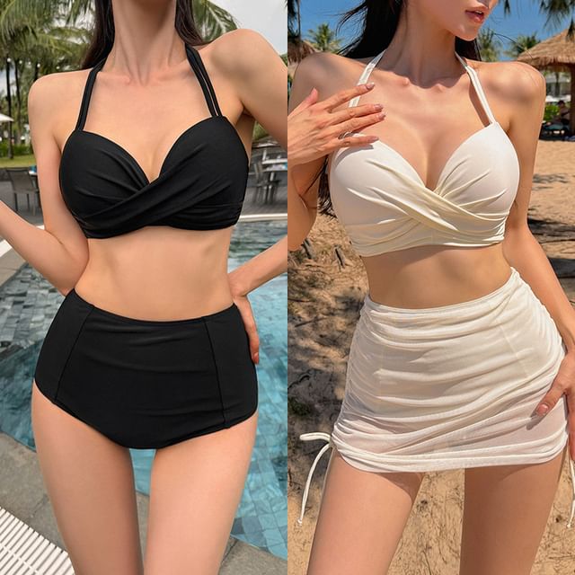 Komorkowe-Set Halter Plain Ruched Tankini Top Bikini Bottom Drawstring Cover Up