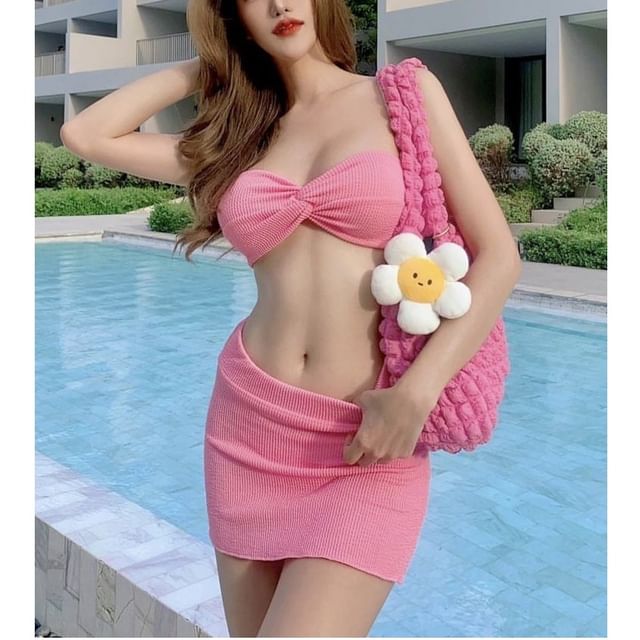 Komorkowe-Set Strapless Plain Knot Bikini Top Bikini Bottom Cover Up
