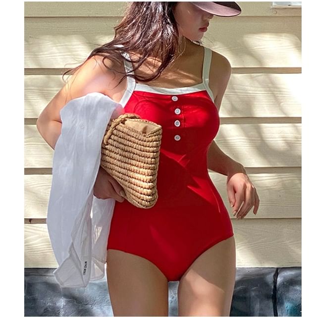 Komorkowe-Two Tone Cutout Button Swimsuit