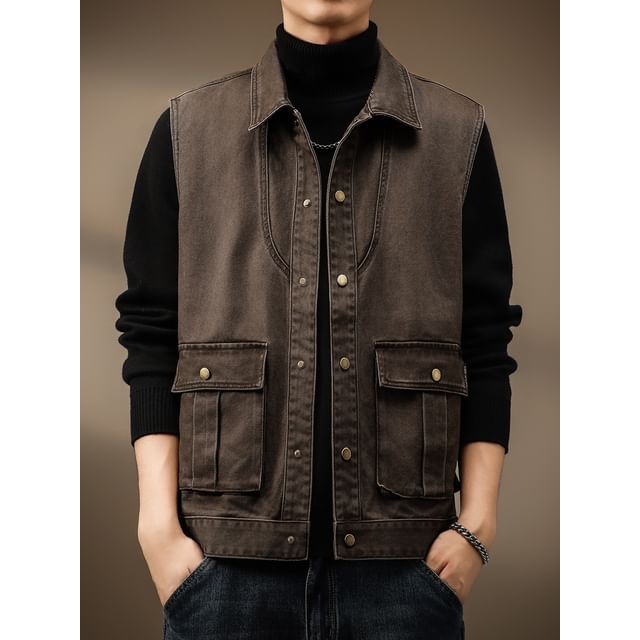 Kong Lane-Collar Plain Button Cargo Vest