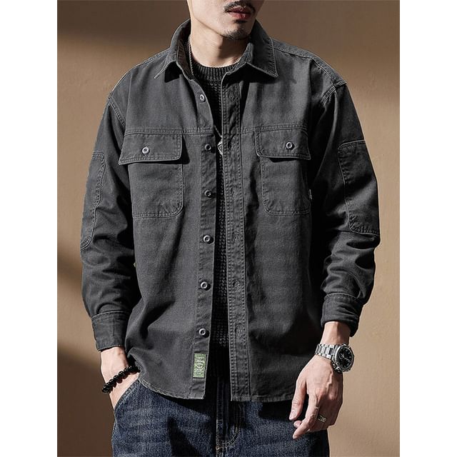 Kong Lane-Collar Plain Pocket Detail Button Cargo Shacket