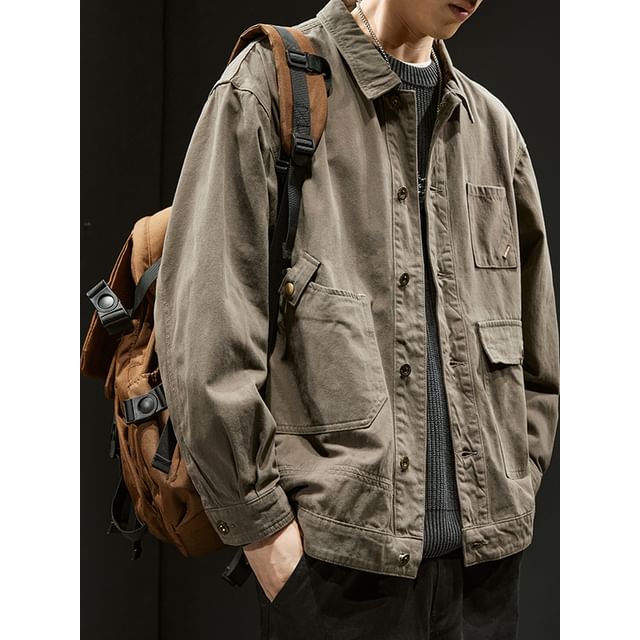 Kong Lane-Collar Plain Pocket Detail Button Cargo Shacket