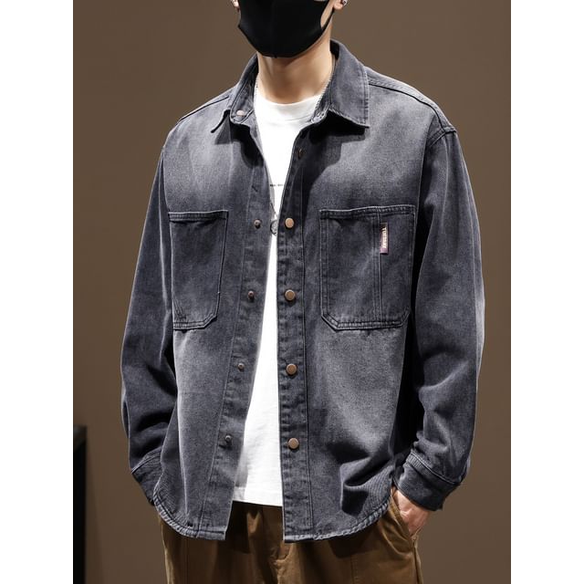 Kong Lane-Collar Pocket Detail Washed Denim Button Shacket