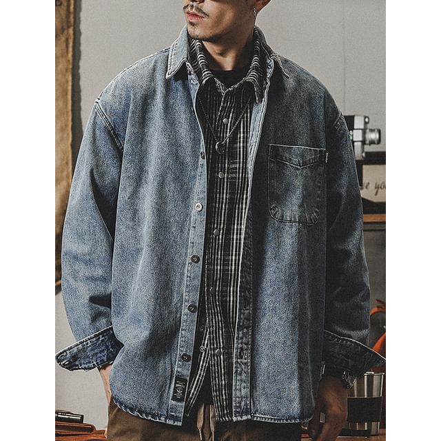 Kong Lane-Collar Pocket Detail Washed Denim Button Shacket