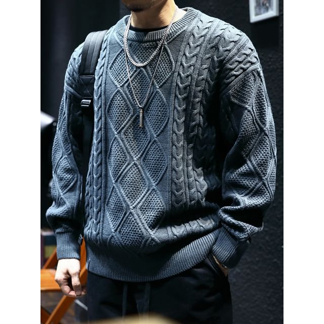 Kong Lane-Crewneck Cable Knit Plain Sweater