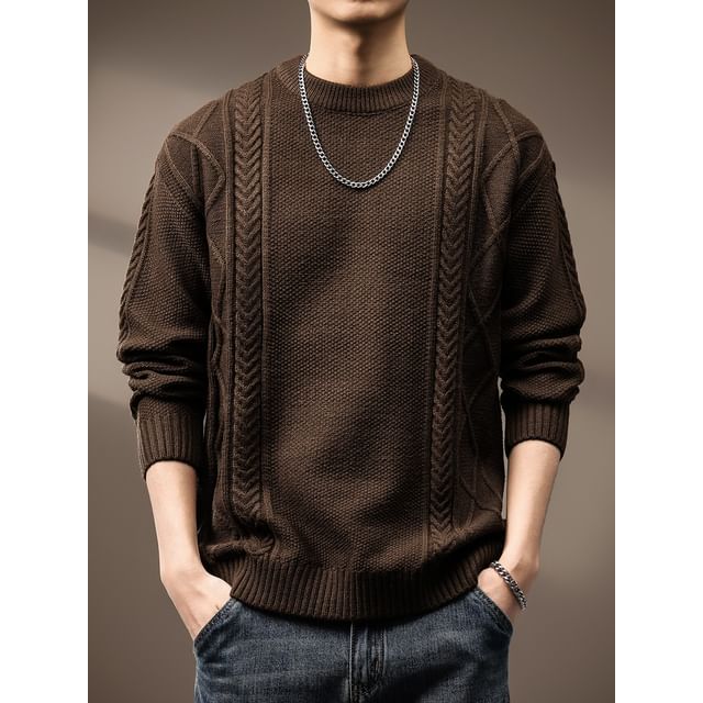 Kong Lane-Crewneck Cable Knit Plain Sweater