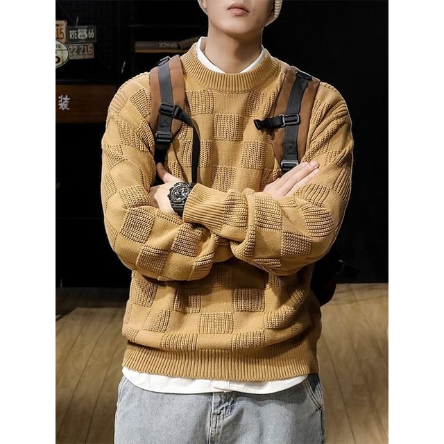 Kong Lane-Crewneck Checker Sweater