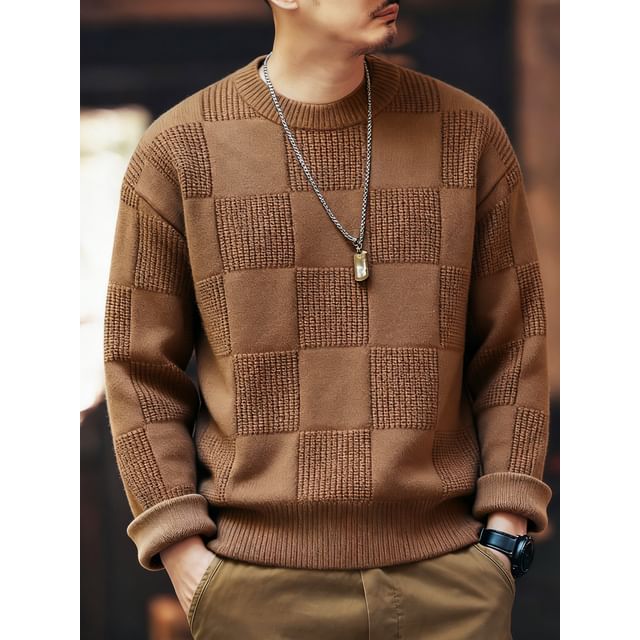 Kong Lane-Crewneck Plaid Sweater