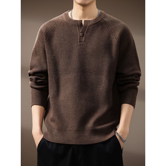 Kong Lane-Henley Waffle Knit Plain Sweater